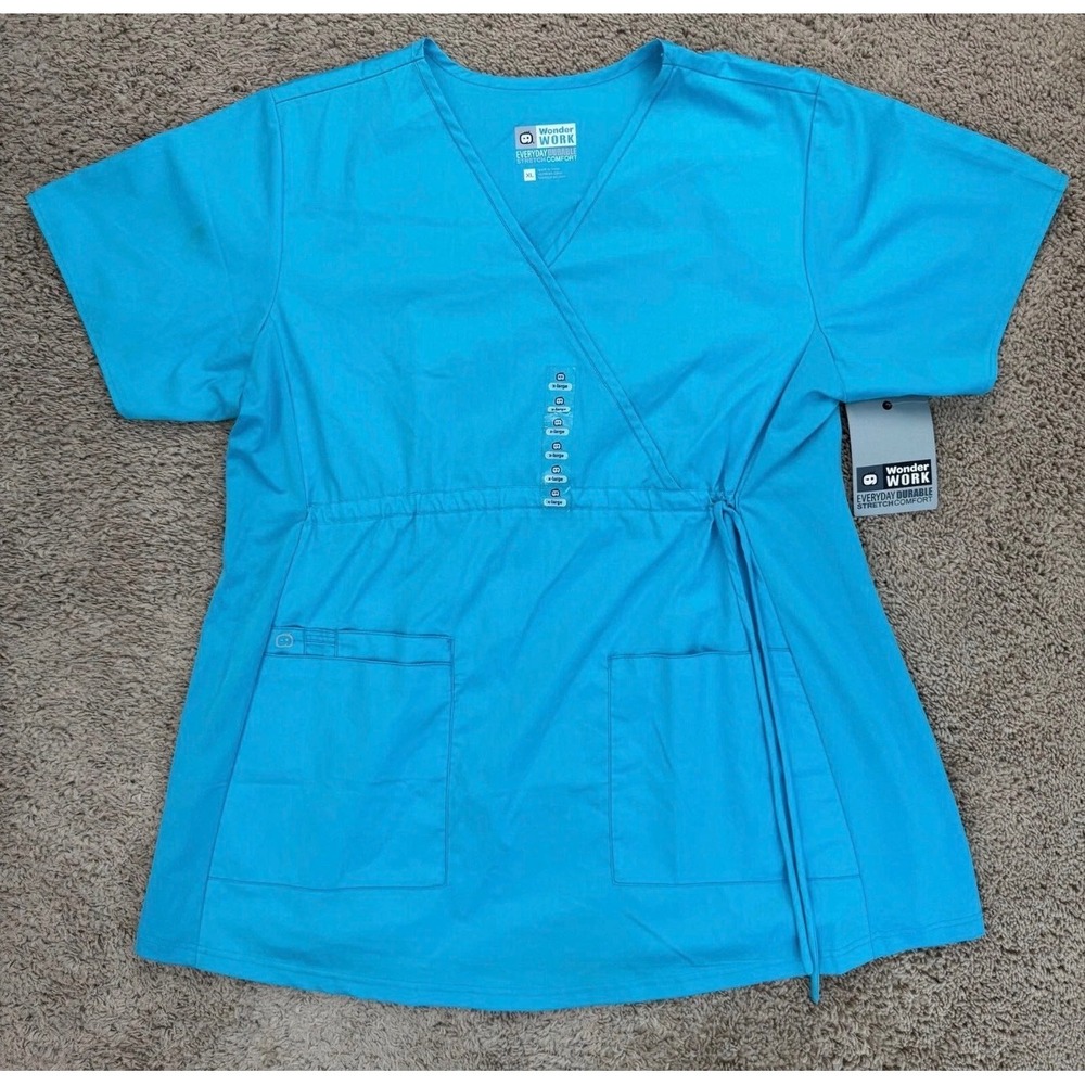 WonderWork Scrub Top XL Blue Mock Wrap‎ 145A Stretch Comfort Nursing Uniform